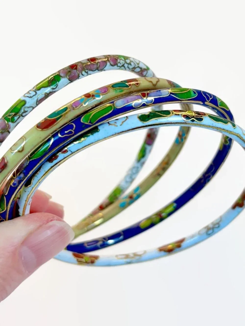 Vintage, Cloisonne Bracelets, Vintage, Lot, 4 Set, Blue, White, Cream, Stack - Picture 4 of 4